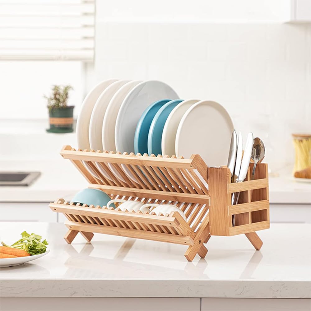 Scolapiatti in legno con porta utensili, scolapiatti in bambù a 2 livelli per bancone della cucina, scolapiatti pieghevole in legno, soluzione compatta