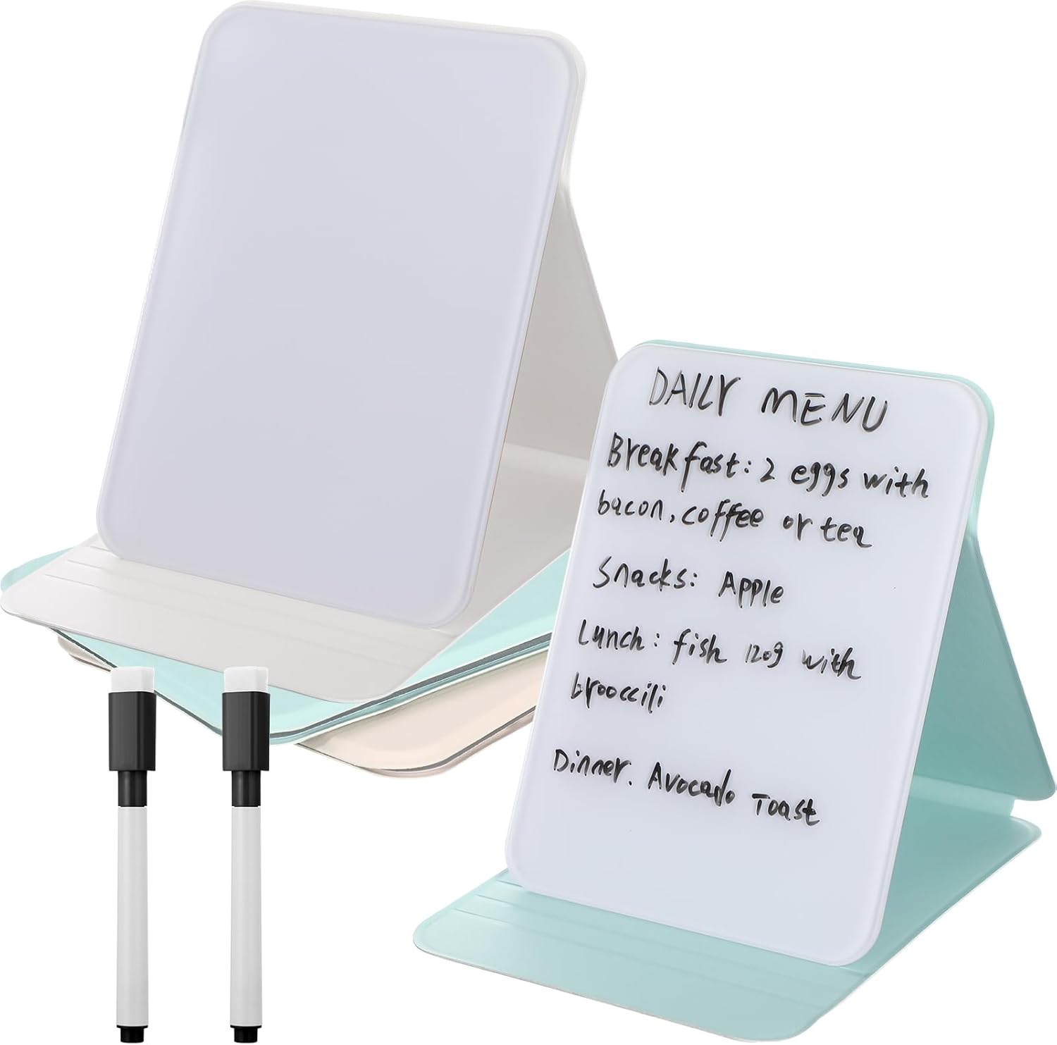 Dunzoom 2 Pcs Small Glass Desktop Whiteboard with Reversable Stand 8 x 6 Inch Mini Dry Erase White Board Easel with 2 Markers Reusable Desk Notepad for Home Office School Supplies (White,Green)