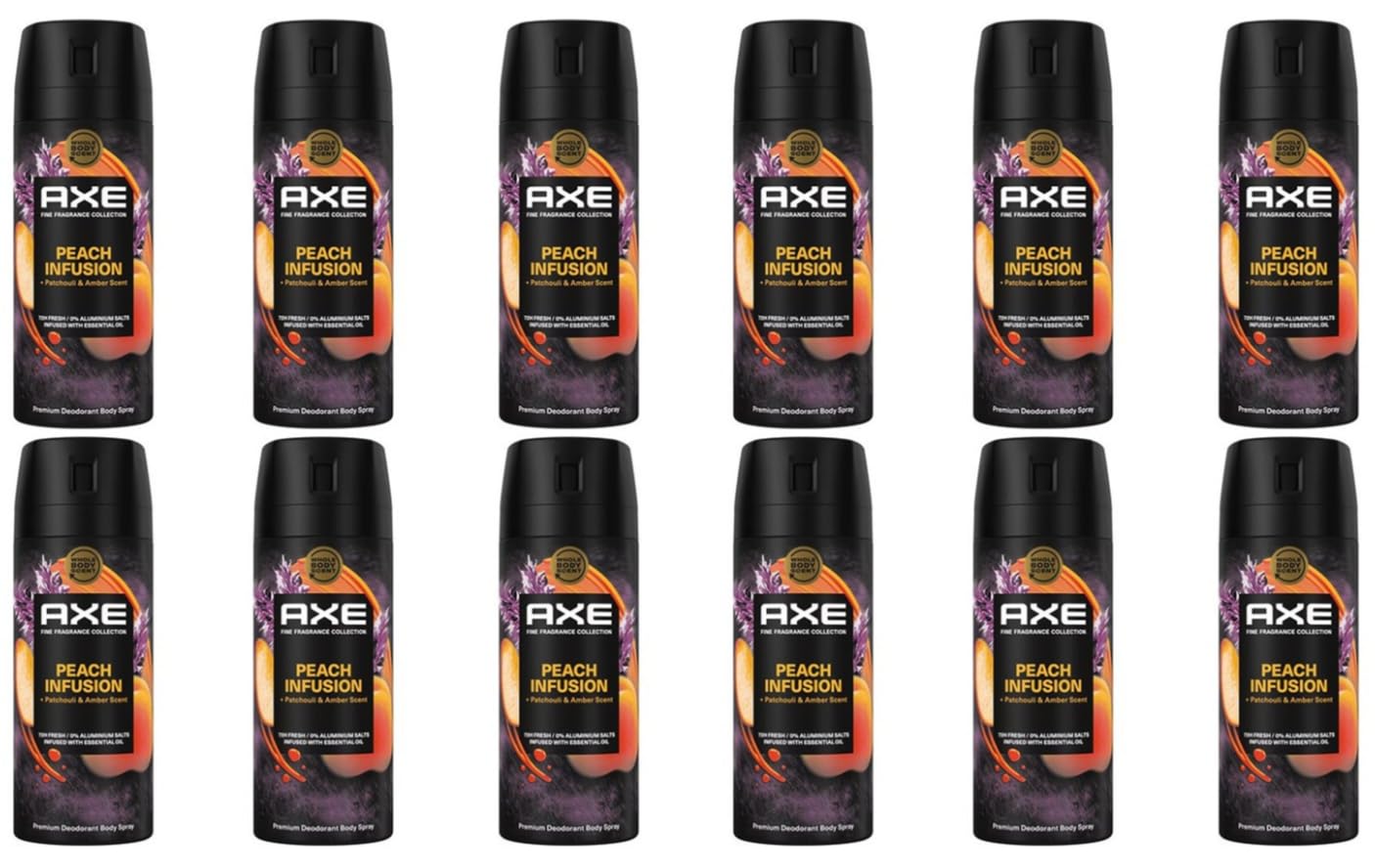 12x Axe Premium Deospray Peach Infusion +Patchouli & Amber Scent 72H Fresh Bodyspray ohne Aluminiumsalze,Schutz gegen starkes Schwitzen und Körpergeruch,150ml (12er Pack)