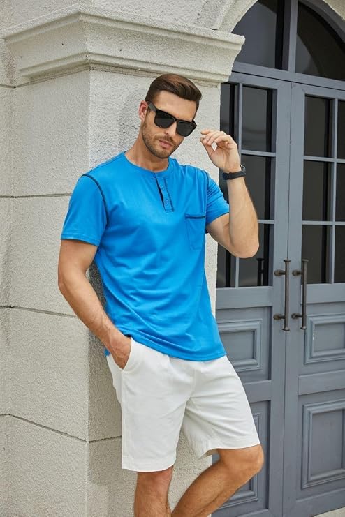 Qekoma Men's Henley Shirts Short/Long Sleeve Casual Cotton T-Shirt