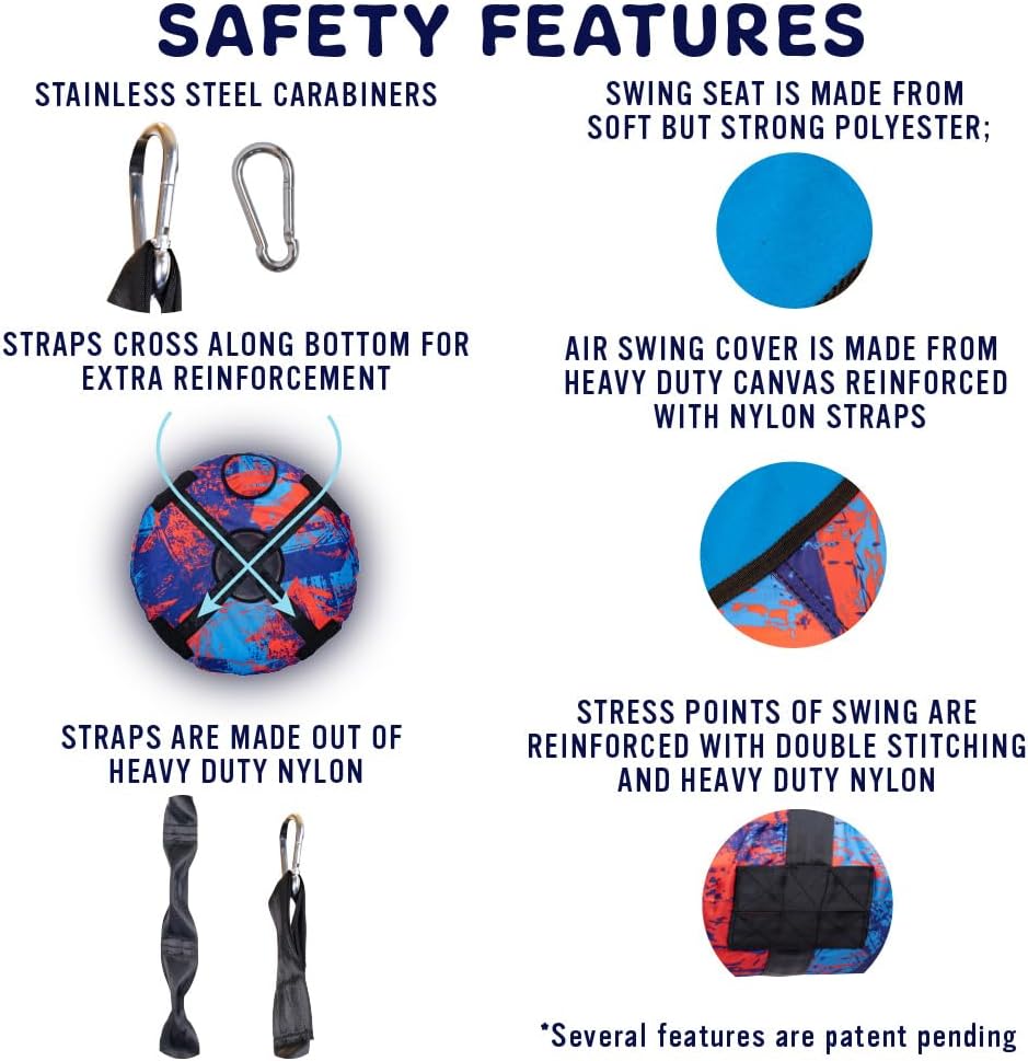 AIR Swing Giant 42” Inflatable Heavy Duty Saucer Swing Indoor Outdoor Playground, Jungle Gym, or Tree Ages 3+ UV-Protected Cover Durable Tube-Frame Adjustable Hanging Straps Carabiners - Blue/Red