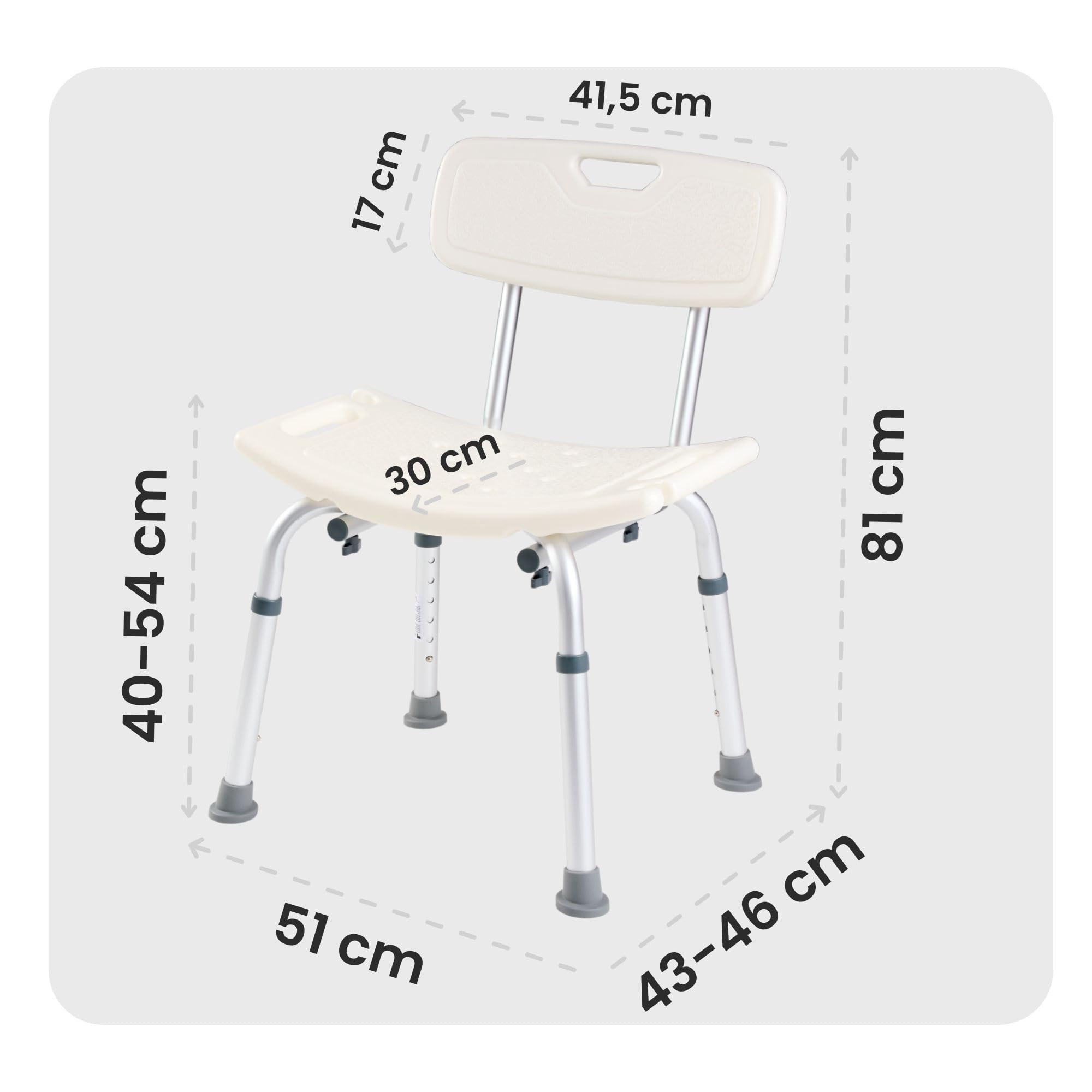 Arebos Duschhocker mit Rückenlehne & Brausenhalterung | Höhenverstellbarer Badestuhl 40–54 cm | rutschfeste Gummifüße | Leicht & Stabil | Bis 100 kg belastbar | Ideal für Senioren & Pflege
