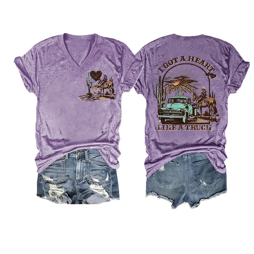 I Got A Heart Like A Truck T Shirt Heart Shirt Country Western Shirts for Women Vintage V Neck T-Shirt Casual Graphic Tee Tops Western Sunset Cowgirl