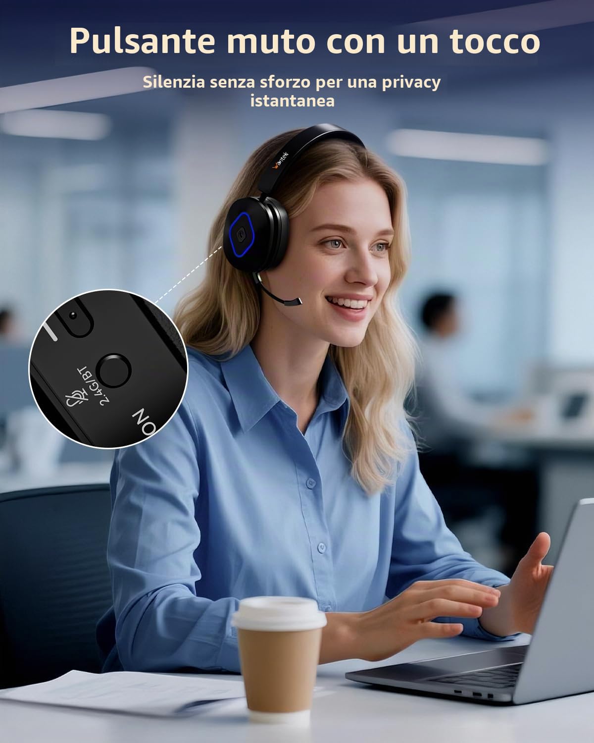 Wantek Cuffie wireless con microfono – 45+ Playtime Bluetooth o USB Dongle per PC, connessione multipunto a computer e cellulare, cuffie on-ear cablate o wireless per