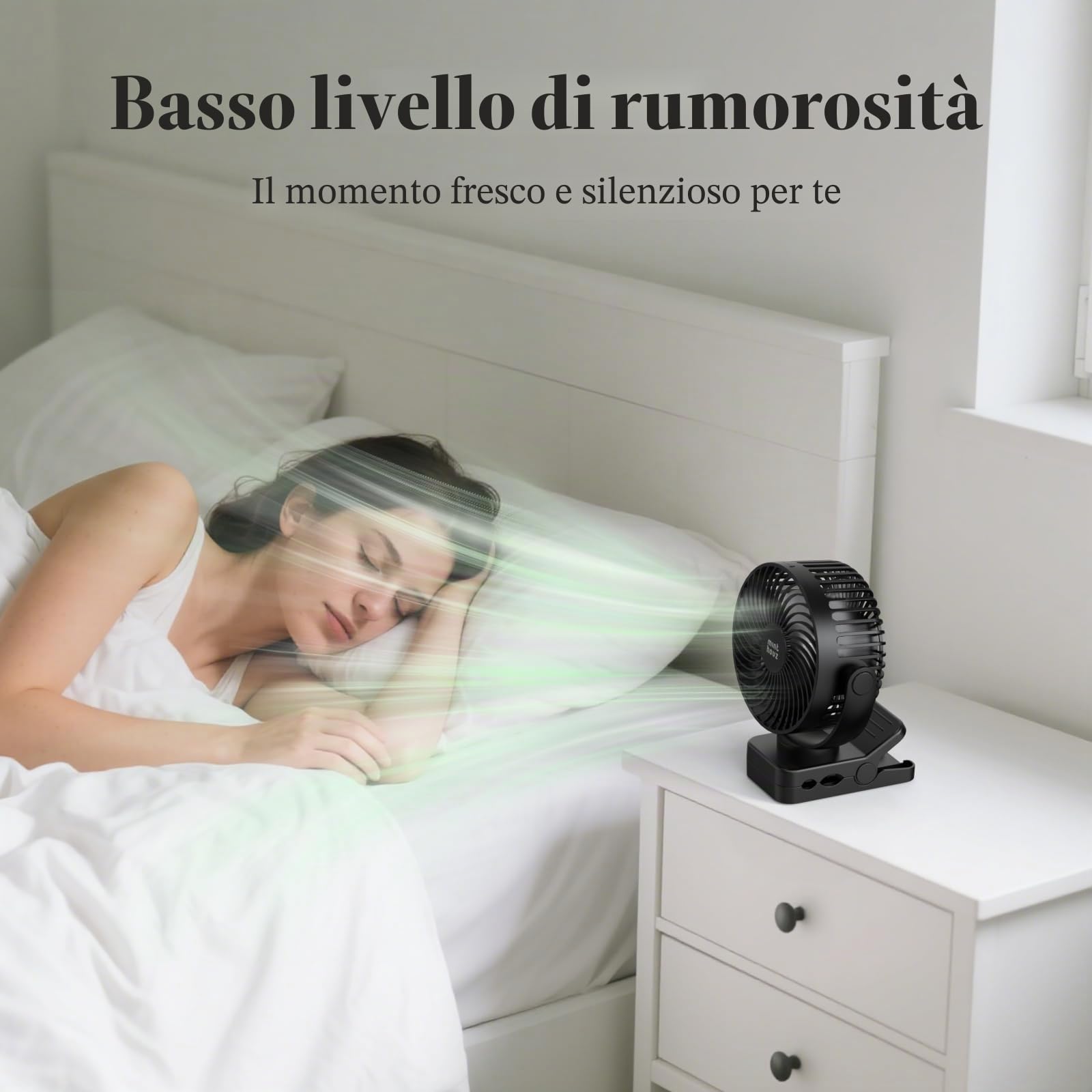 Minthouz Ventilatore Portatile USB Ricaricabile 12000mAh con Clip e Telecomando, 45H di Autonomia, Silenzioso, 3 Velocità, Luce LED, Rotazione a 360°, Timer, per Scrivania, Campeggio e Passeggino