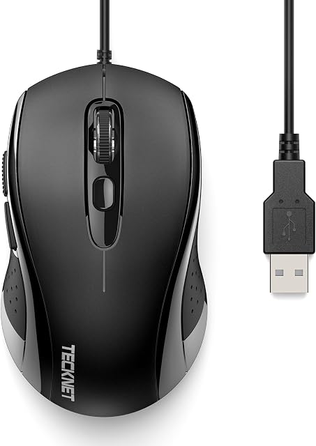 TECKNET Souris filaire, USB Souris d'ordinateur filaire, 3600DPI 4 Niveaux réglables, 6-Button Souris ergonomique, maison et bureau pour ordinateur portable PC Carnet de bureau - noir