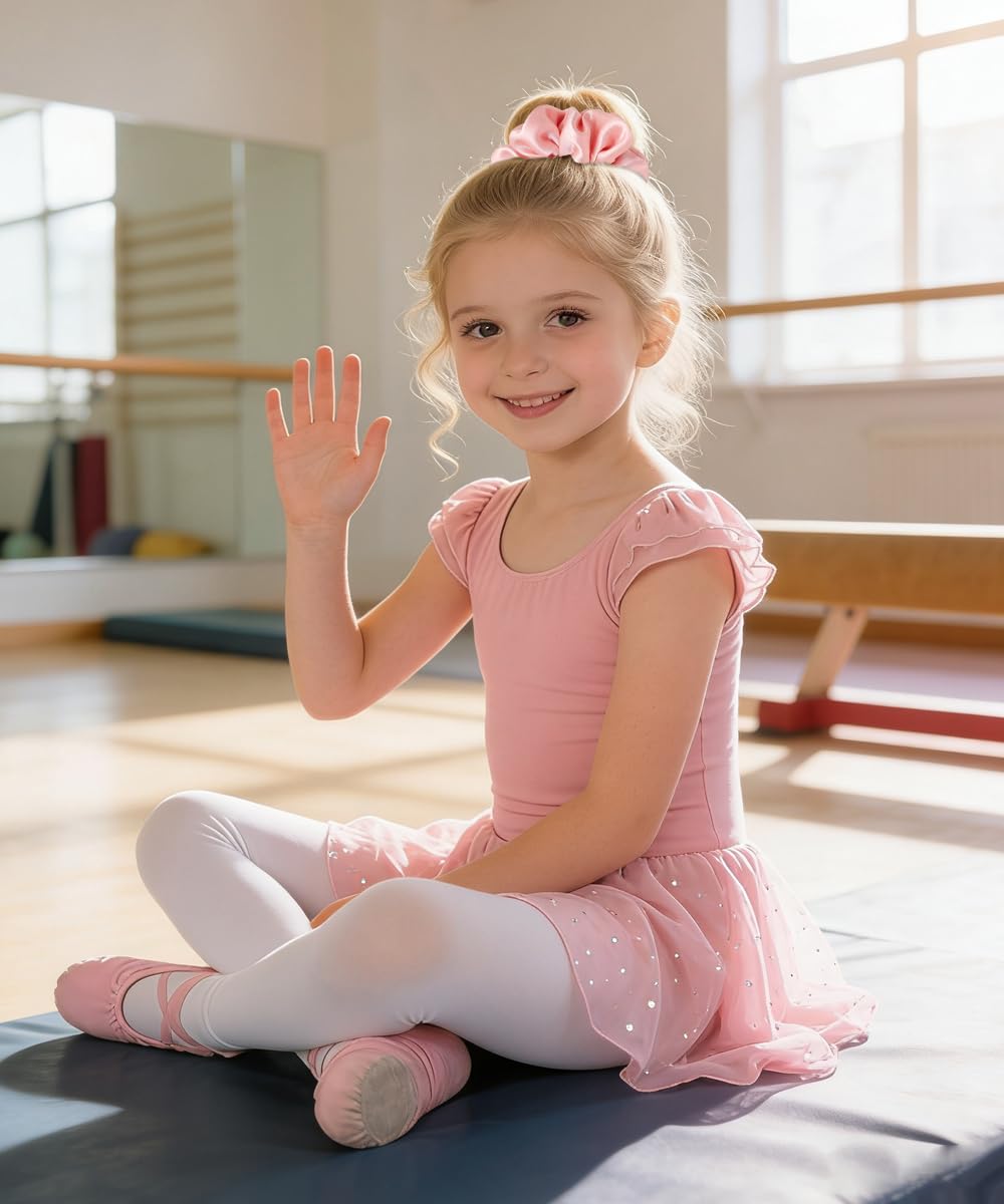 Justaucorps Danse Fille, Ensemble Ballet avec Tutu à Paillettes, Chouchou & Collants Blancs, Tenue Danse Classique Enfant pour Cours de Ballet 4–9 Ans