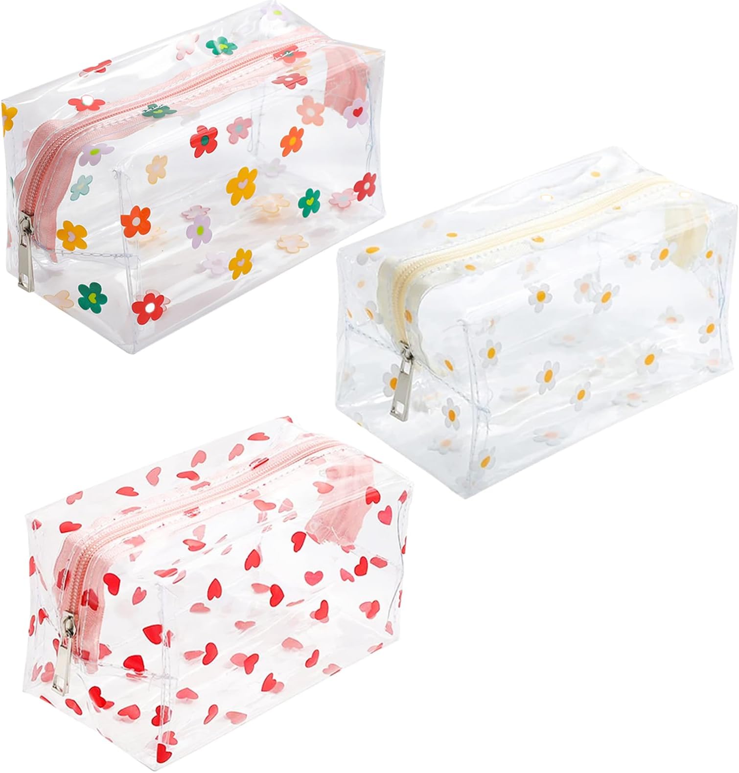 KEYRI 3 PCS Clear Pencil Case for Girls, Large Transparent Pencil Case Stationery Pouch Cosmetic Bags Waterproof PVC Clear Cosmetic Pouch Storage Bag for Women Travel Toiletries (Multi-Coloured)