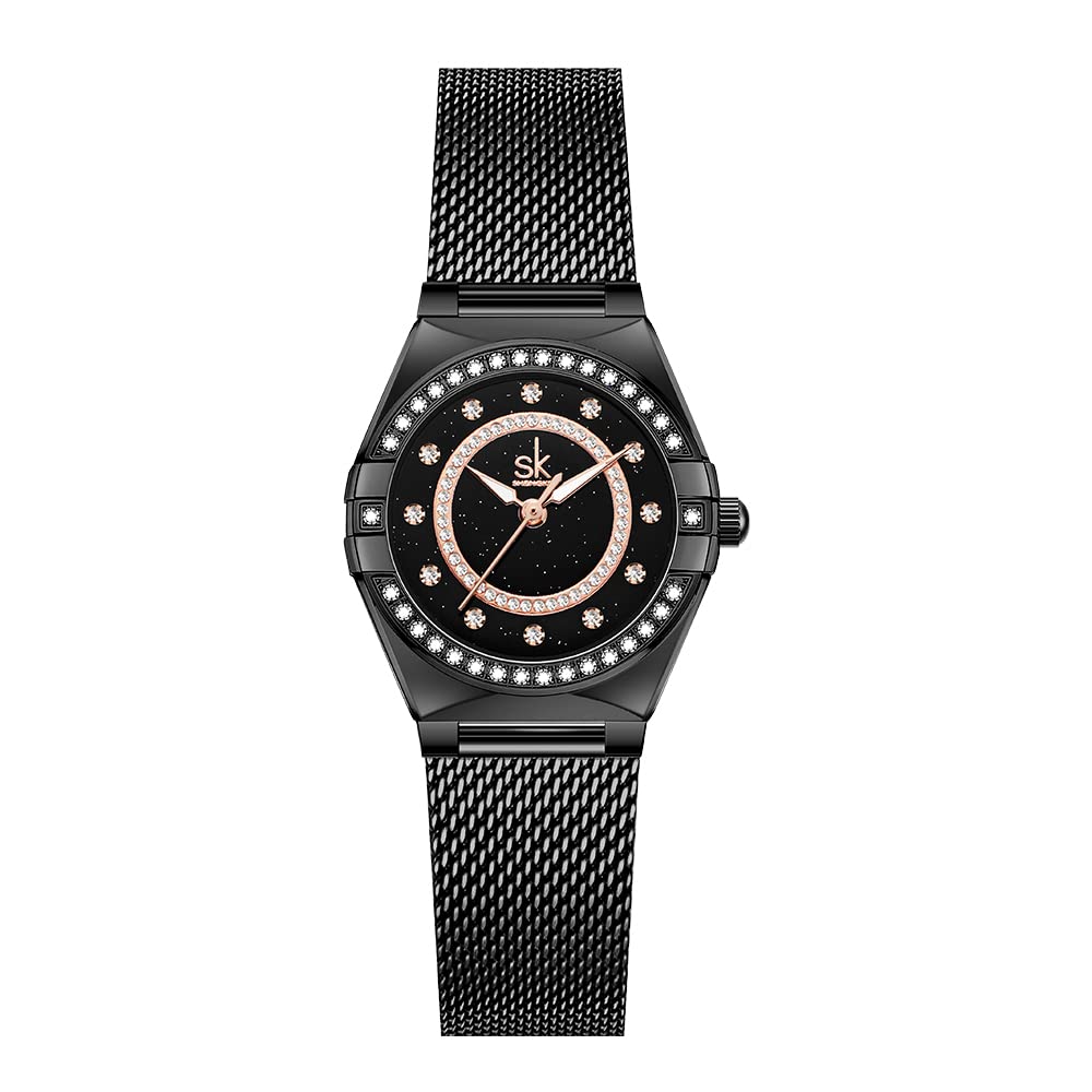 SHENGKE SK Fashion Women Watches with Crystal Diamond Ladies Dress Watch with Genuine Leather and Stainless Steel Band