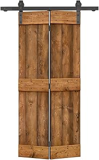34 in. x 84 in. Mid-Bar Series Walnut Stained DIY Wood Bi-Fold Barn Door with Sliding Hardware Kit