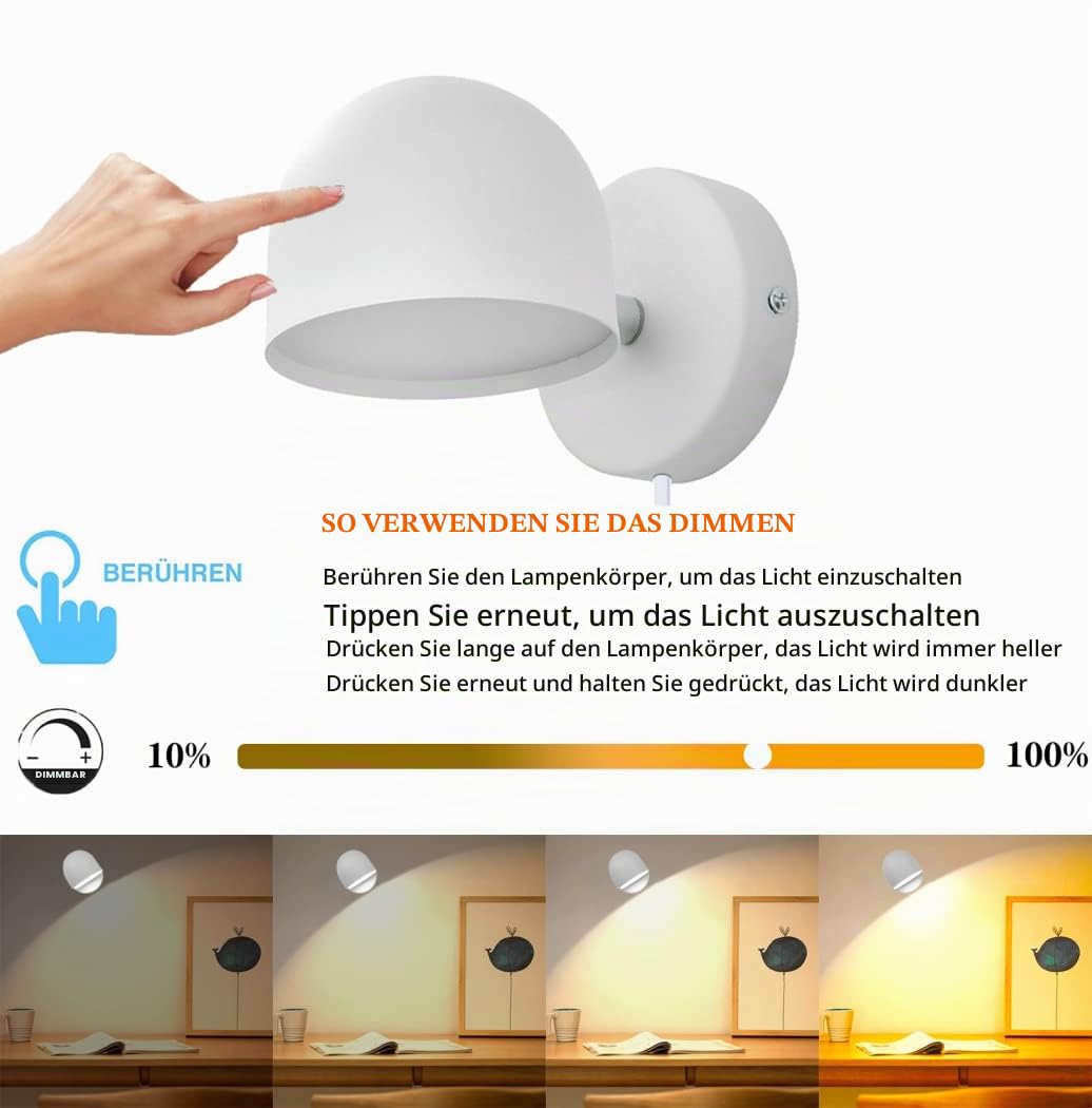 12W LED Innen Wandleuchte Mit Stecker, Touch Control Wandlampe Dimmbar, 360° Drehbare Nachttischlampe, 3000k Warmweiß Einstellbar Leselicht Für Wohnzimmer, Schlafzimmer, Treppen, Flur, Büro,Weiß