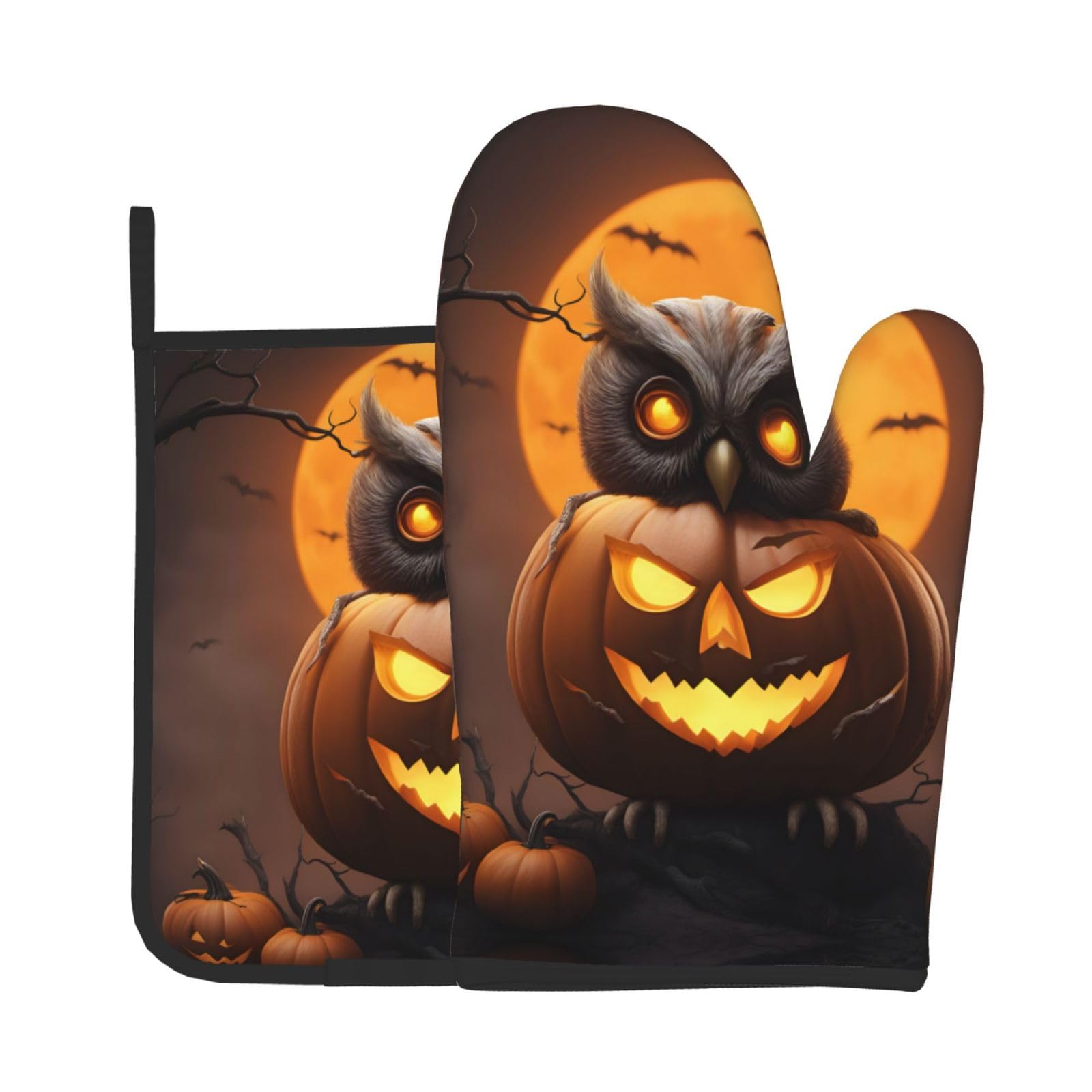 Owl Pumpkin Happy Halloween 1 Kitchen Baking Two-Piece Set,Multipurpose Oven Gloves,Used for Barbecue Kitchen Baking