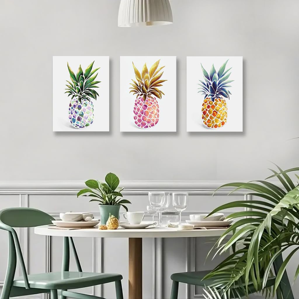 SEVEN WALL ARTS カラフルなパイナップルキャンバス壁アート トロピカルフルーツポスター 絵 3ピース 抽象的 静物 ハ