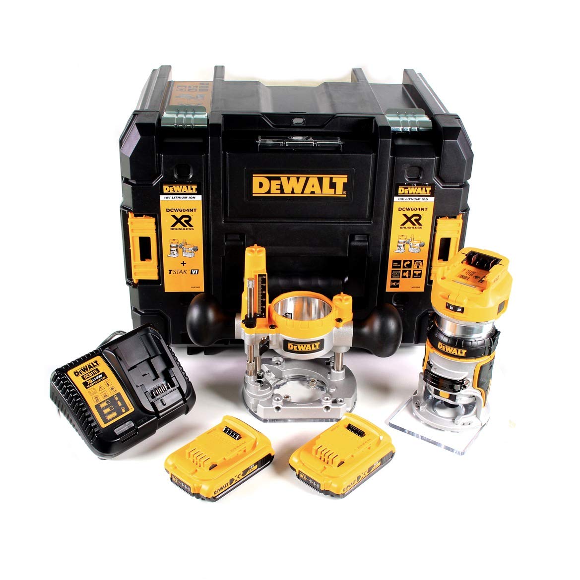 DeWalt DCW 604 D2 akumulatorowa frezarka kombinowana 18 V 55 mm w + 2 x akumulatory 2,0 Ah + 1 x ładowarka do szybkiego ładowania w TSTAK