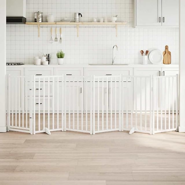 Foto 2 de 8 de vidaXL Puerta de Perros Plegable 6 Paneles Madera Abeto Blanco 300 cm, Puerta para Mascotas