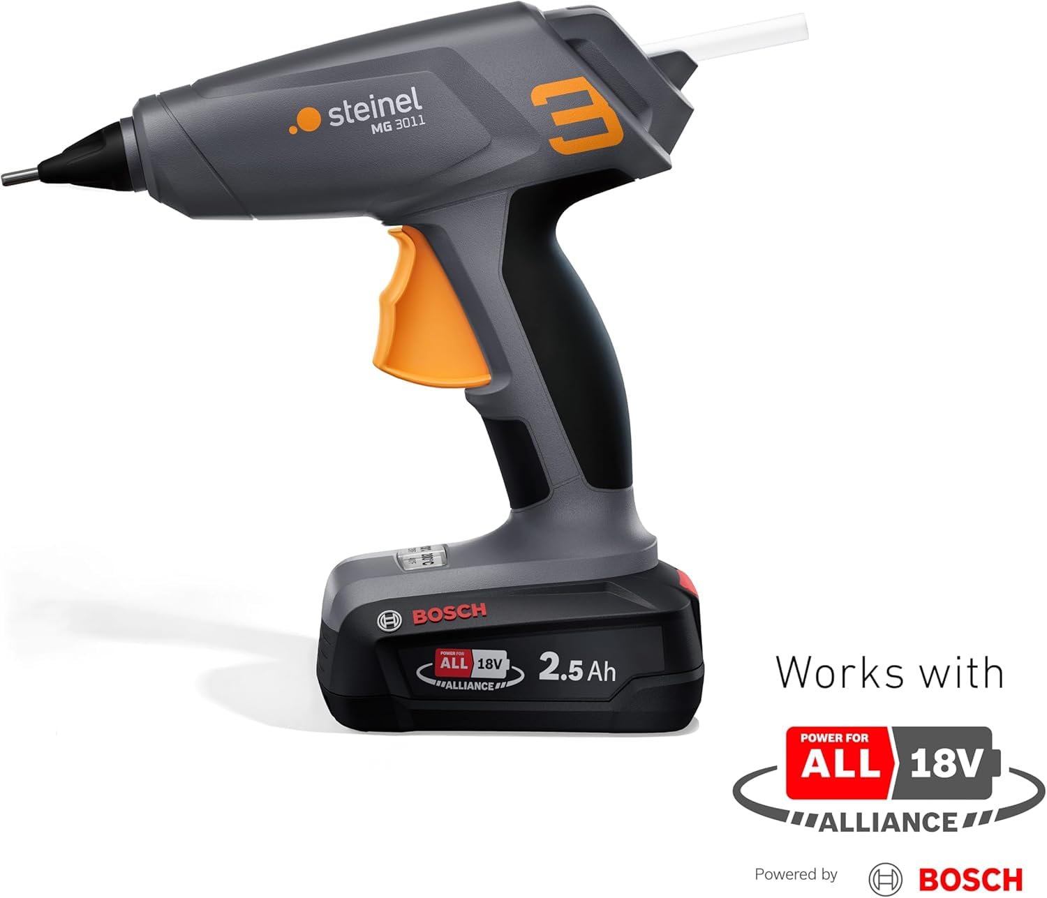Steinel Pistolet à colle sans fil MobileGlue 3011, pistolet à colle sans fil 11mm, 2 niveaux de température, compatible avec la batterie PFA Bosch