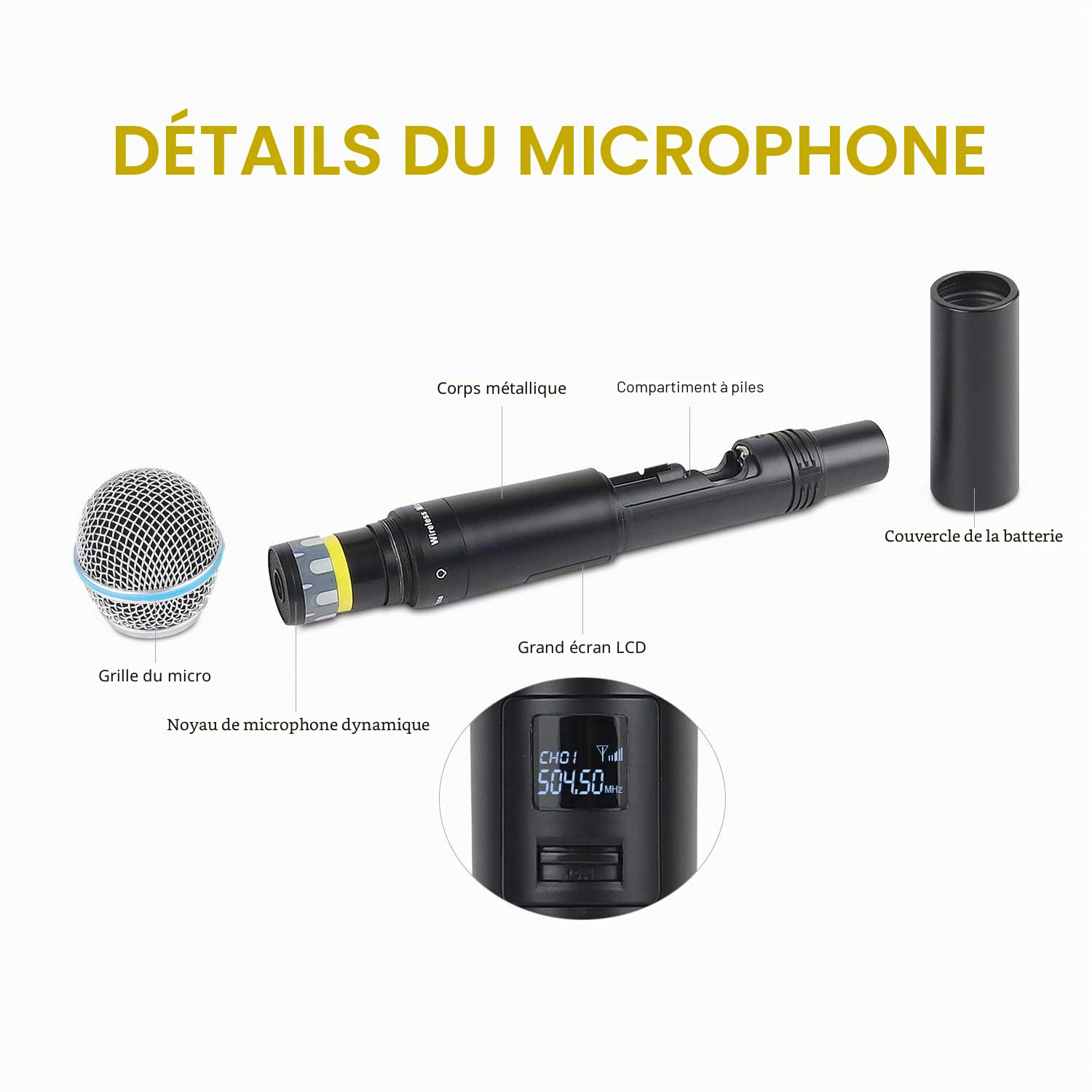 XTUGA Micro sans Fil Professionnel, Micro Karaoke UHF Système de Microphones sans Fil à 4 Canaux, Construction Entièrement Métallique, Fréquence Fixe A140