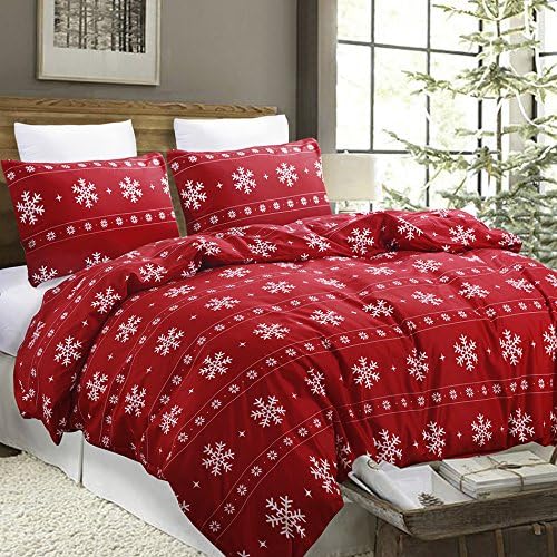 Vaulia Soft Duvet Cover Set King Size, Microfiber Snowflake Pattern Design for Christmas New Year Holidays, Red Color 3 Piece Set (1 Duvet Cover 2 Pillow Shams)