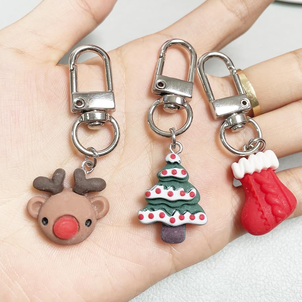 Cute Keychain Set 3pcs Christmas Tree Green Red Deer Stock Small Key Chain for Women Bag Charm Car Key Ring Pendant Purse Backpack Handbag Earphone Case Decoration A image 2