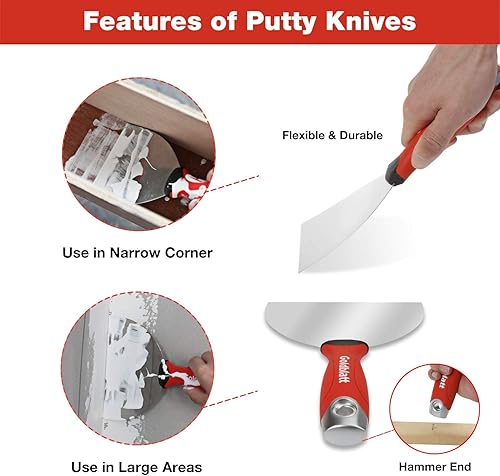 Miniatura 4 de Goldblatt Kit de herramientas manuales para paneles de yeso, cuchillo de unión de acero inoxidable, cuchillos de cinta, raspador Paniter, bandeja de