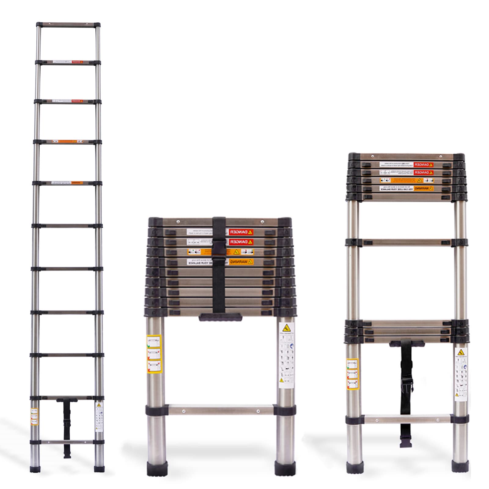Retractable Ladder 3.2M/ 10.5FT with 330lb Load Capacity Folding Extendable Multi-purpose Stainless Steel Ladder 11 Steps for Household Daily Office Home Garden Construction Site Use