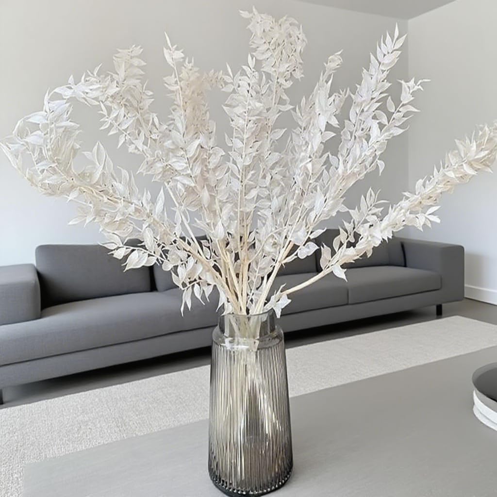 Natural Preserved Eucalyptus and White Italian Ruscus Stems, 17 Inches, 15 Stems, Dried Floral Bunch for Wedding and Home Decor