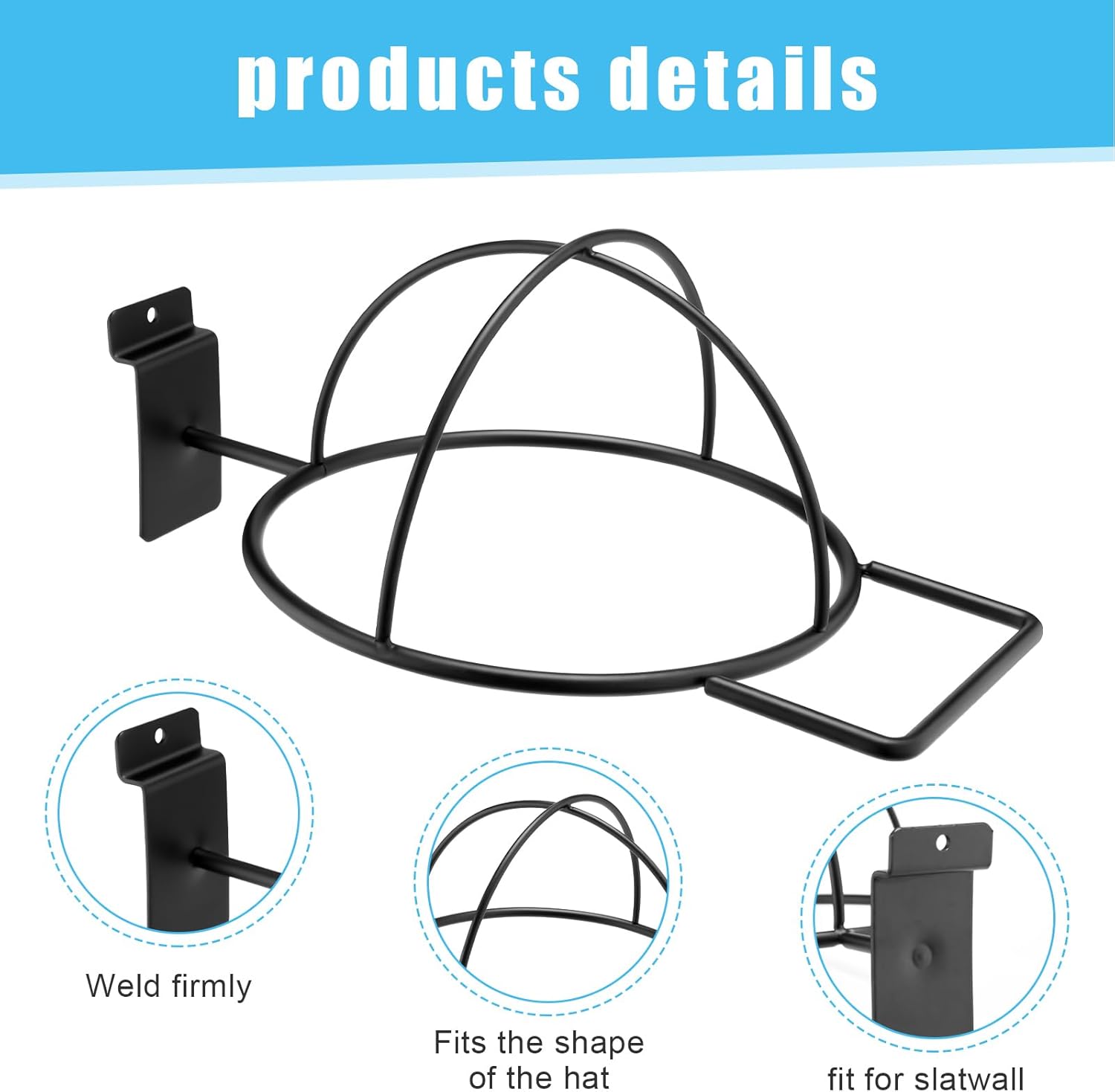Kigley 6 Pcs Wire Hat Display for Baseball Caps Black Metal Slatwall Accessories Rack Retail Shelves for Merchandise Door Closet Office Bedroom(Square Brim,Black)