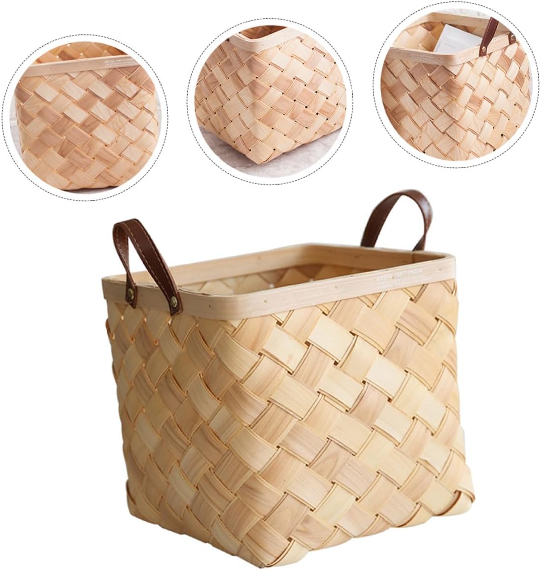 BESPORTBLE Woven Double-layer Wood Chip Basket with Leather Handles Large Storage Basket Laundry Hamper Home Decorative Organizer for Blankets and Clothes
