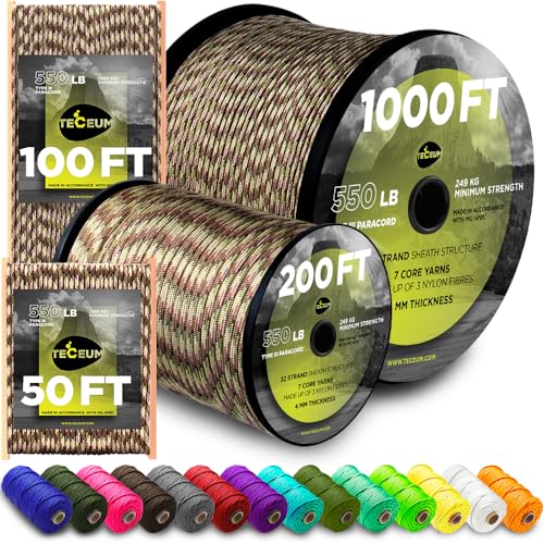 TECEUM Paracord Type III 550 Camo – 100 ft – 4mm – Tactical Rope MIL-SPEC – Outdoor para Cord –Camping Hiking Fishing Gear and Equipment – EDC Parachute Cord – Strong Survival Rope