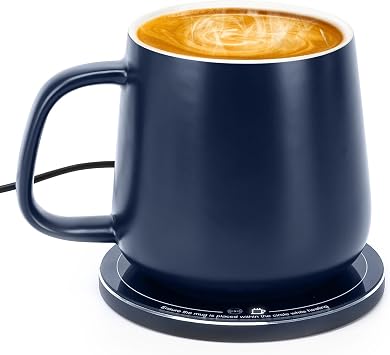 APEKX Smart Warmer Ceramic Mug Set - 131 F / 55 C Optimal Temperature Control, Wireless 15W Phone Charging Pad - 12.8 fl oz/380 mL Capacity with USB-C Navy Blue