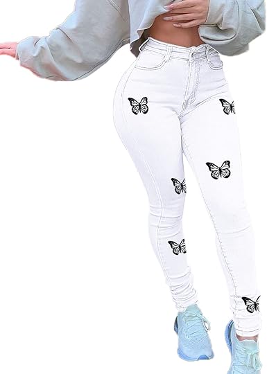 Each women Jeans Skinny Donna Jeans Stretch A Vita Alta con Tasche  Pantaloni Skinny Stampa Farfalle : Amazon.it: Abbigliamento