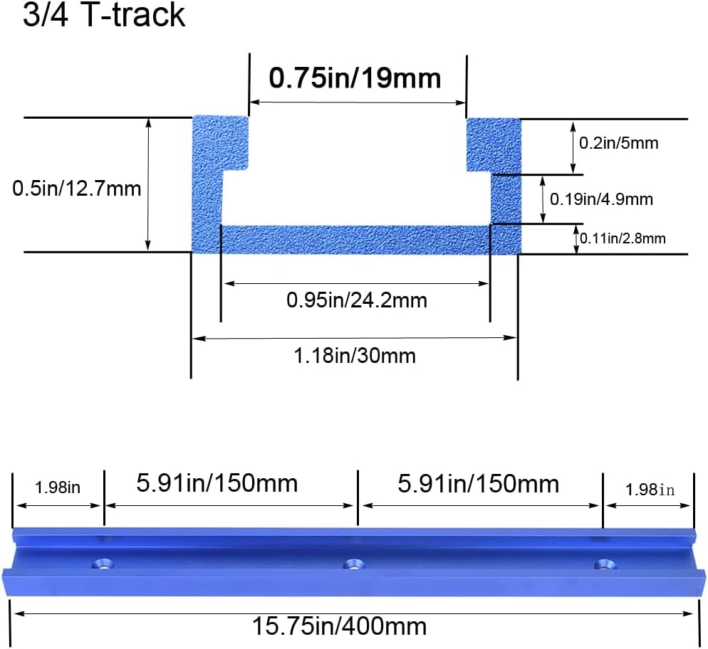 Aluminium 3/4" Miter Bar(300mm) and 2pc 400mm Double-Cut Profile 3/4" Slot T-Track with Predrilled Mounting Holes and Wood Screws,Table Saw Gauge Rod and 30 Type T-Track for Router Tables