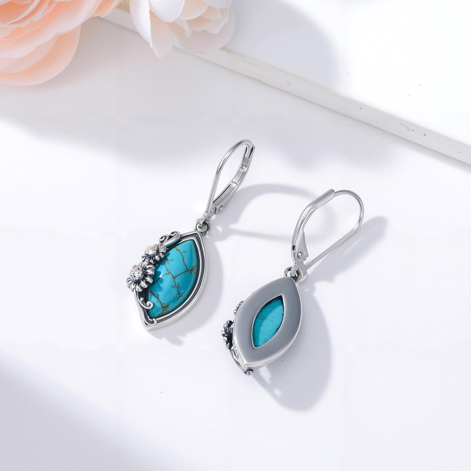 Vintage Turquoise Dangle Earrings 925 Sterling Silver 14 * 7mm Marquise Genuine Turquoise Leverback Earrings for Women - Image 3