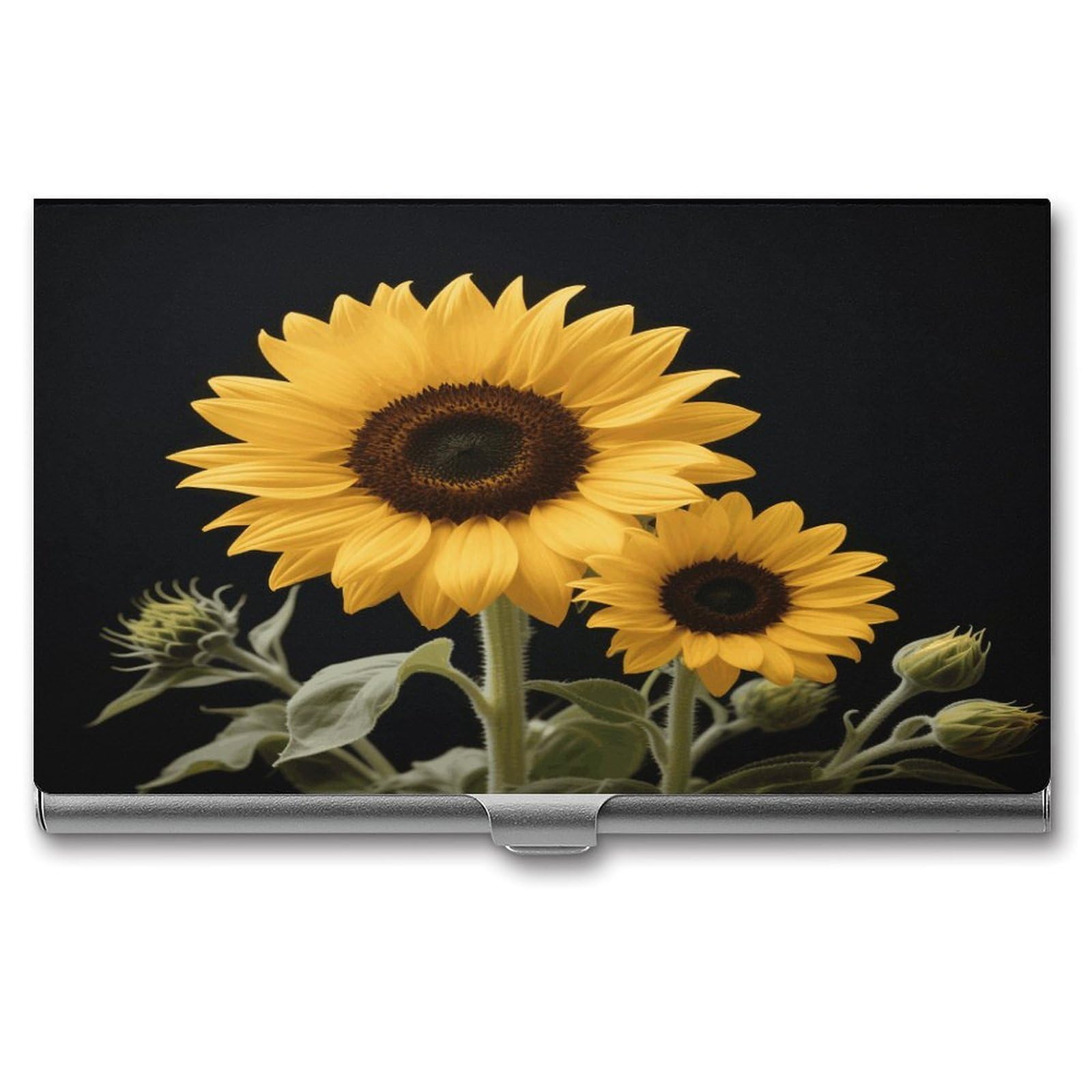 LZQPOEAS Sunflower Business Card Holder Aluminum Alloy Flip Cover Slim Name Cards Case Lightweight Business Name Card Holder Case Portable Purse Name Cards Holder