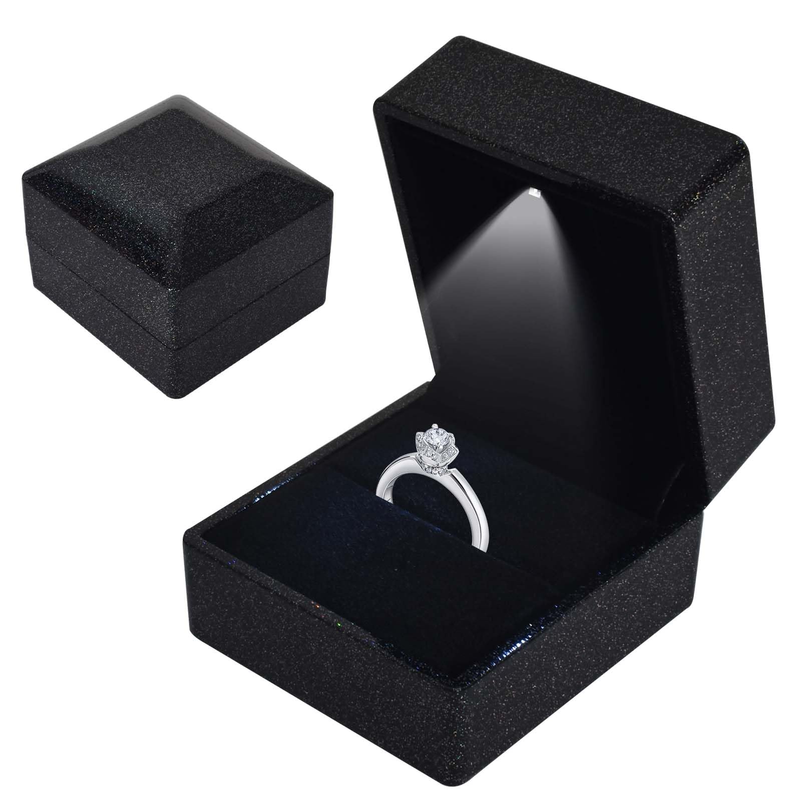 Ring Box With LED Light, Velvet Ring Boxs, Jewelry Display Gift Box with LED Internal Lighting, LED Lighted up Ring Storage Display Case, for Proposal Engagement Wedding, 5.8*6.3*5cm, StarryBlack