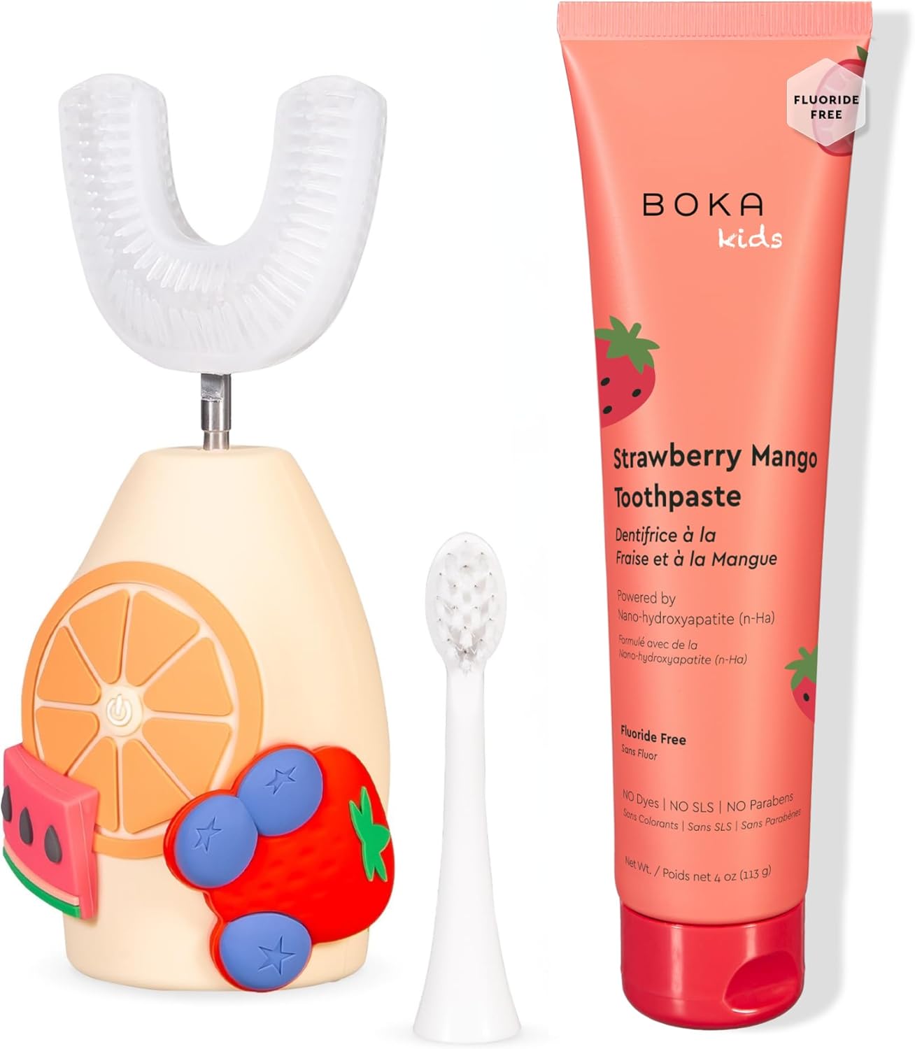 Boka Fluoride Free Toothpaste Nano Hydroxyapatite Toothpaste - Strawberry Mango 4 oz, Boka Kids Sonic Electric Toothrush - Oral Care, U Brush and Nylon Brush Bundle