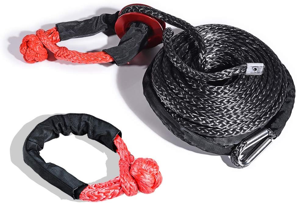 AstraDepot 95ft x 3/8" Gray UHMWPE Synthetic Winch Rope Line Cable w/Protective Sleeve + 2X 1/2" RED Soft Shackles + RED Snatch Recovery Ring Kit for ATV UTV SUV Towing Truck Boat Ramsey Off-Road 4X4