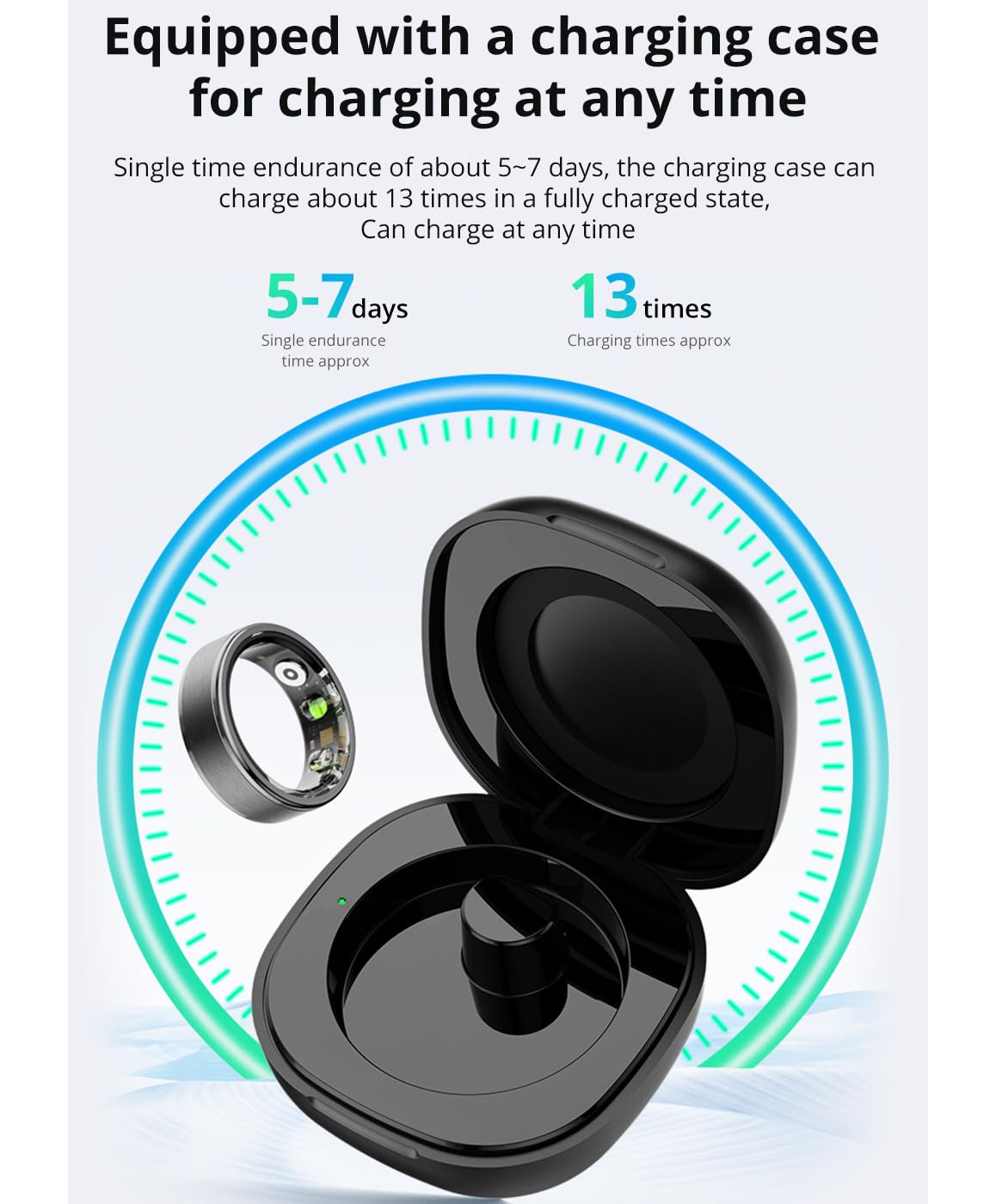 Anello fitness tracker con scatola di ricarica, app, monitoraggio della frequenza cardiaca, monitoraggio del sonno, contapassi e calorie, senza costi di abbonamento, anello intelligente per uno stile
