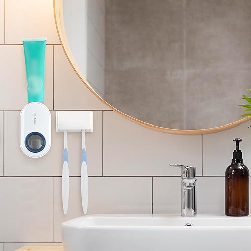 Miniatura 6 de Soporte para cepillo de dientes montado en la pared con cubierta para baño, organizador de almacenamiento de 2 ranuras para cepillo de dientes para