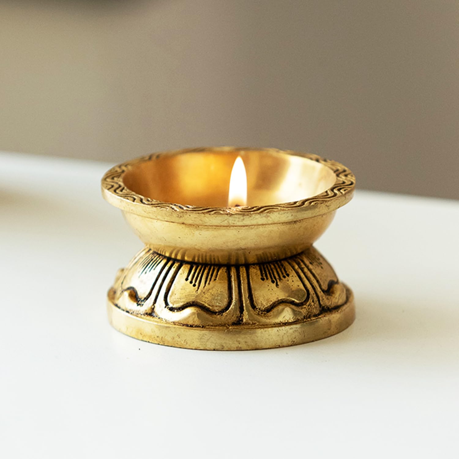 ExclusiveLane 'Elegant Hand Etched' Decorative Table Brass Diya Oil Tier Ghee Puja Hindu Article Indian Handicrafts Product Decorative Pooja Religious Craft (5 Wicks, 0.4 Kg, Hand-Etched)