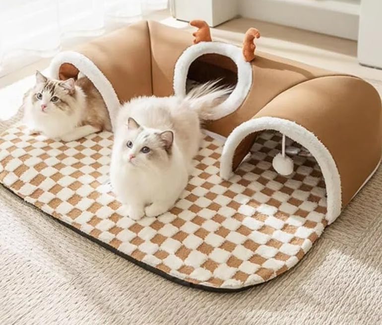 Tunnel pour chat pliable avec maison chaude pour animaux de compagnie et balle en peluche douce