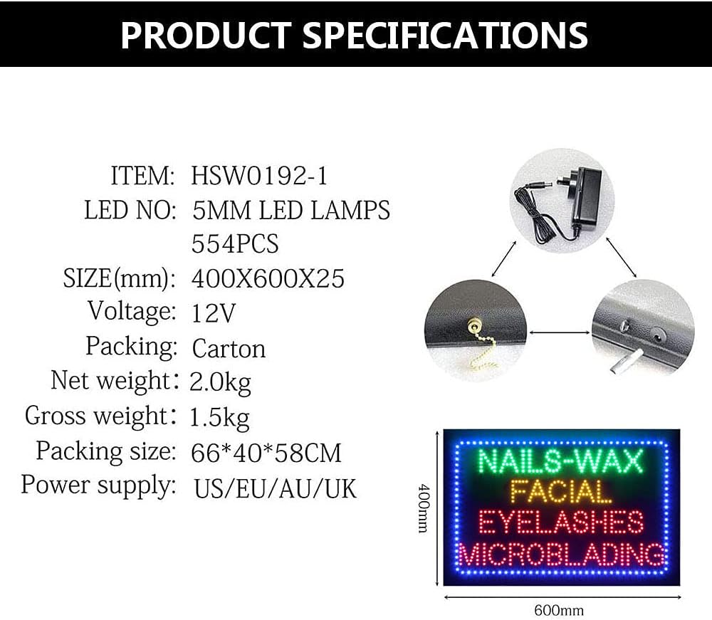 LED Nails Facial Eyelash Sign for Business, Super Bright LED Open Sign for Nail Salon, Electric Advertising Display Sign for Beauty Salon Business Shop Store Window Home Decor. (HSW0192-2)