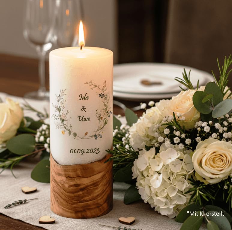 Hochzeitskerze "Wiesenblumen". - Hochzeitskerze mit echten Holz und versiegelte Wachsoberfläche. Docht oder Teelicht wählbar. (Docht, D/H = 8 x 25 cm)