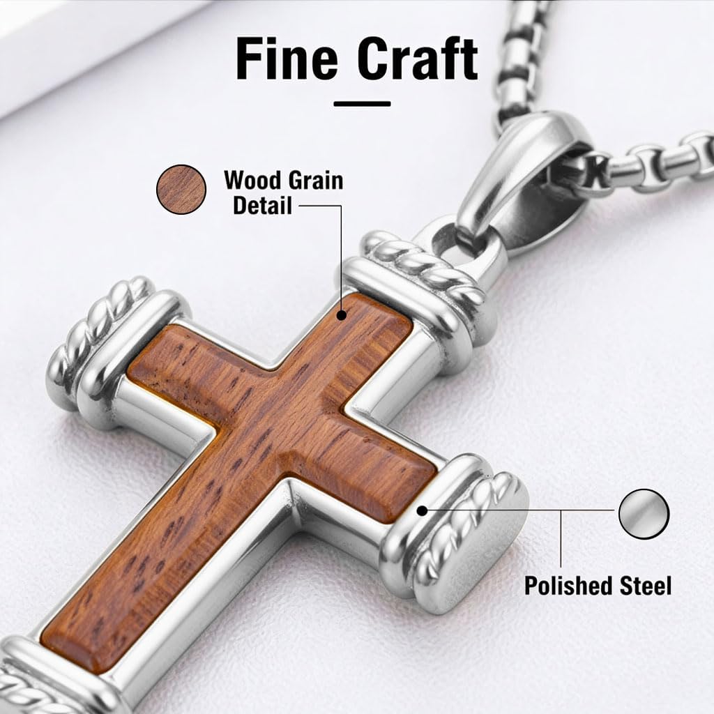 Wooden Cross Necklace Men : Christian Necklaces for Man,Stainless Steel Religious Crucifix Pendant with 24'' Link Chain,Male's Faith Jewelry Gift for Him,Prayer,Husband,Boyfriend,Easter,Birthday - Image 7