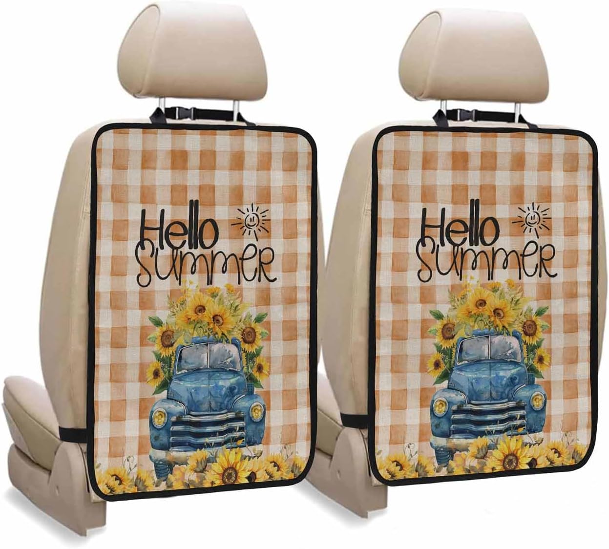 T&H XHome Car Seat Protector, 2 Pack Kick Mats Back Seat Protector Summer Blue Truck with Sunflowers Orange Plaid Waterproof Backseat Cover for Kids Universal Fit Automotive Interior Protectors