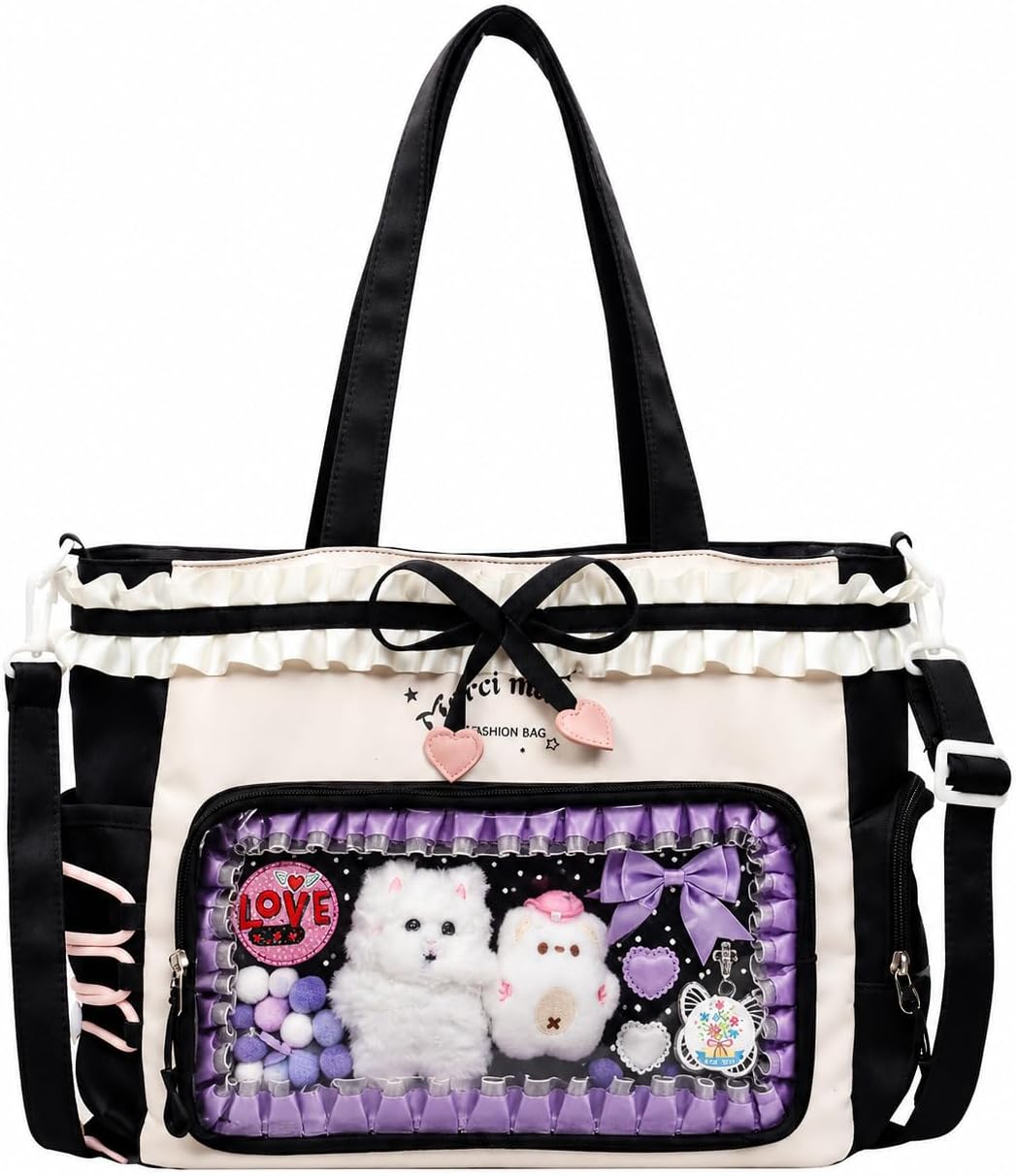 Kawaii Ita Bag with Ruffle Trim, Cute Color Block Crossbody Bag, Pin Display Shoulder Bag with Insert Y2k Style
