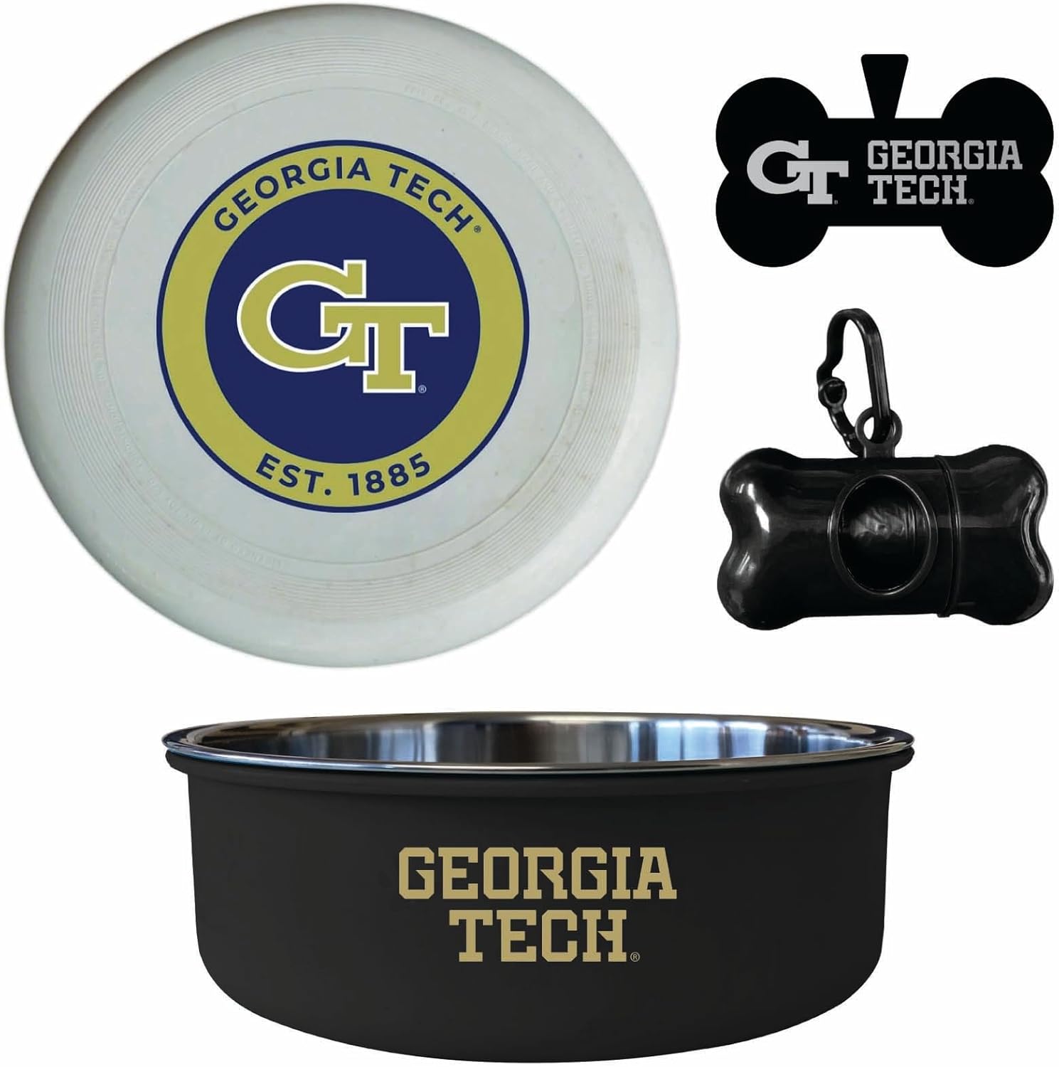Georgia T Yellow Jackets Officially Licensed College Pet Pack – Dog Tag, Bowl, Flying Disc & Waste Bag