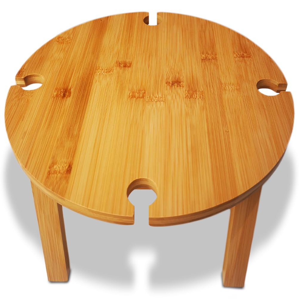BAKAJI Tavolino da Aperitivo in Legno Bambù, Tavolo da Campeggio Portatile con Gambe Pieghevoli, Vassoio Salvaspazio con 4 Spazi Portabicchieri, Ideale per Camping, Esterno, Picnic, Giardino, Spiaggia