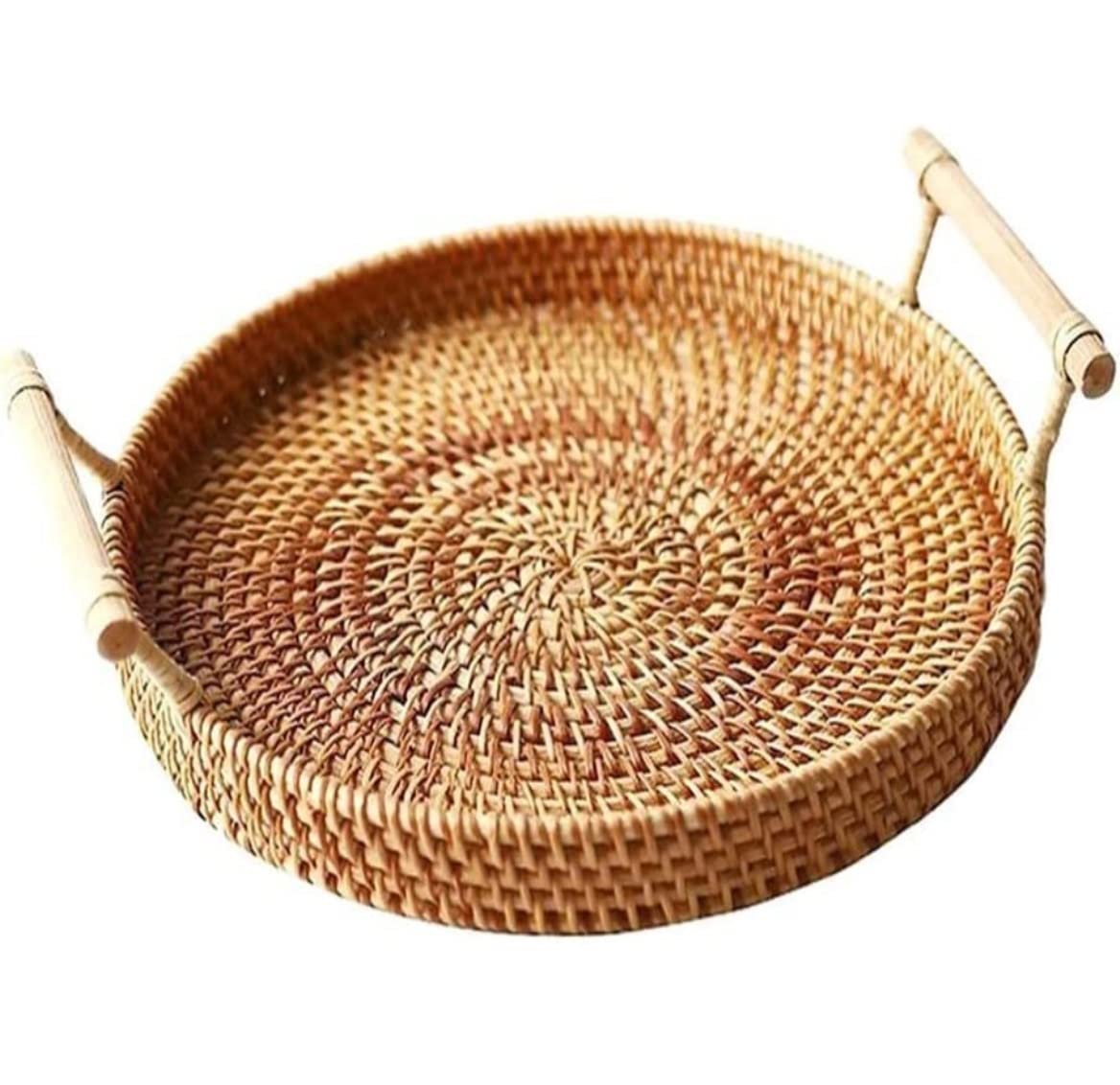 Storage Organization Wicker Picnic Baskets,Rattan Basket Bread Woven Tabletop Serving Tray Indoor Outdoor(28 * 7 * 4cm)