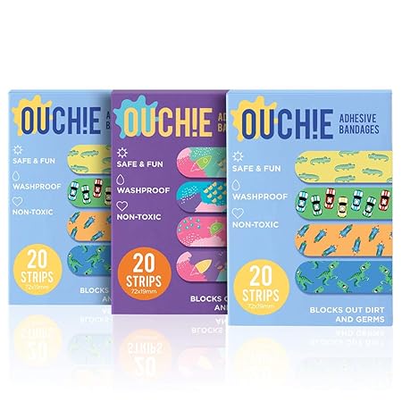 Aya Papaya Ouchie Non-Toxic Printed Bandages Triple Combo (3 X 20= 60 Pack)- (2 X Blue & 1 Purple)